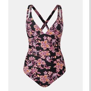 CUPSHE Women's  Black and Pink floral back tie Swimsuit size XL